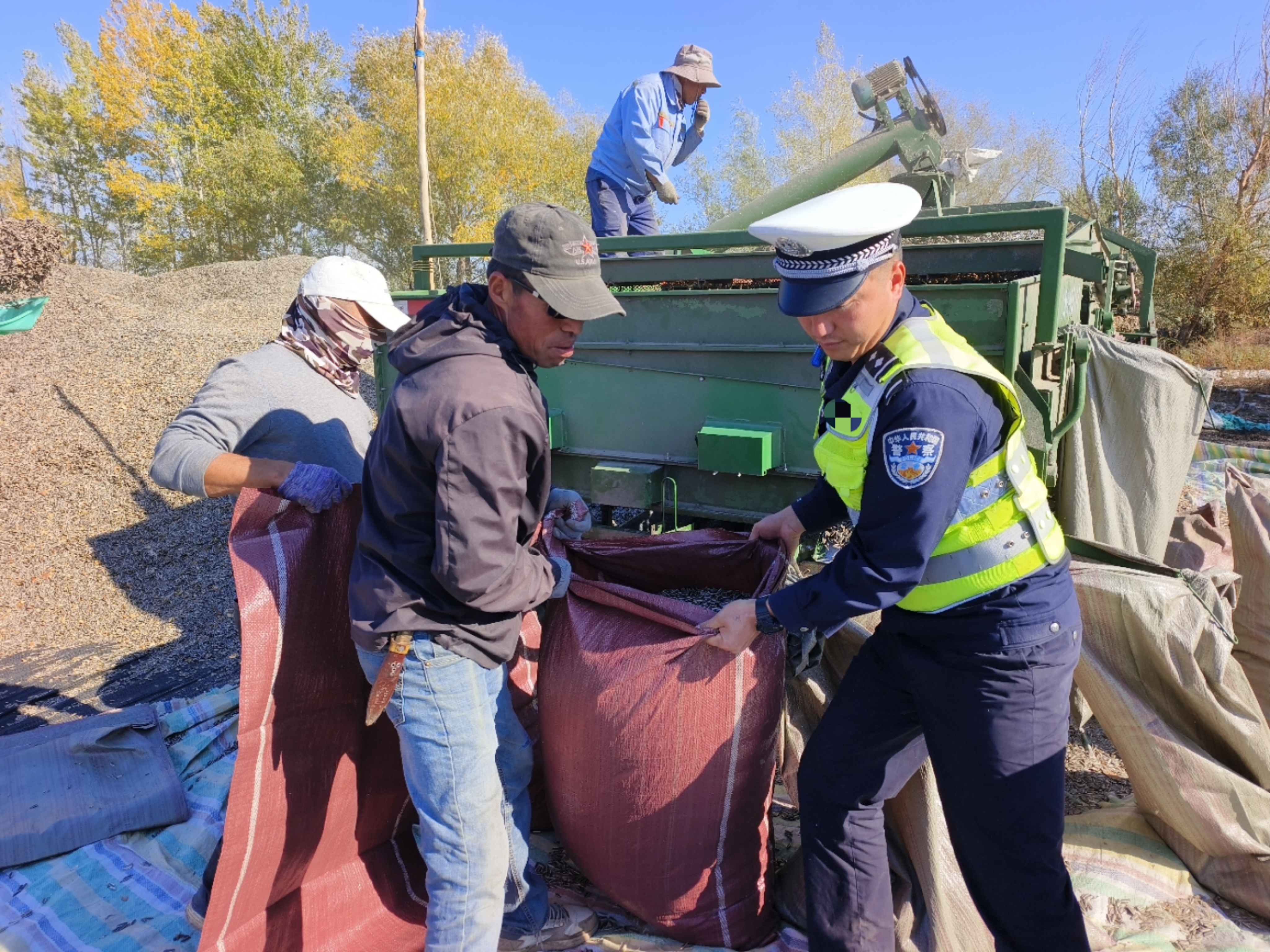 民警帮助村民收打瓜籽.jpg