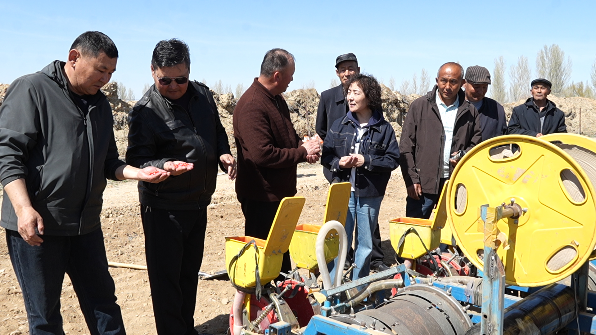 技术人员在地头田间为农牧民讲授选用的种子类型。
