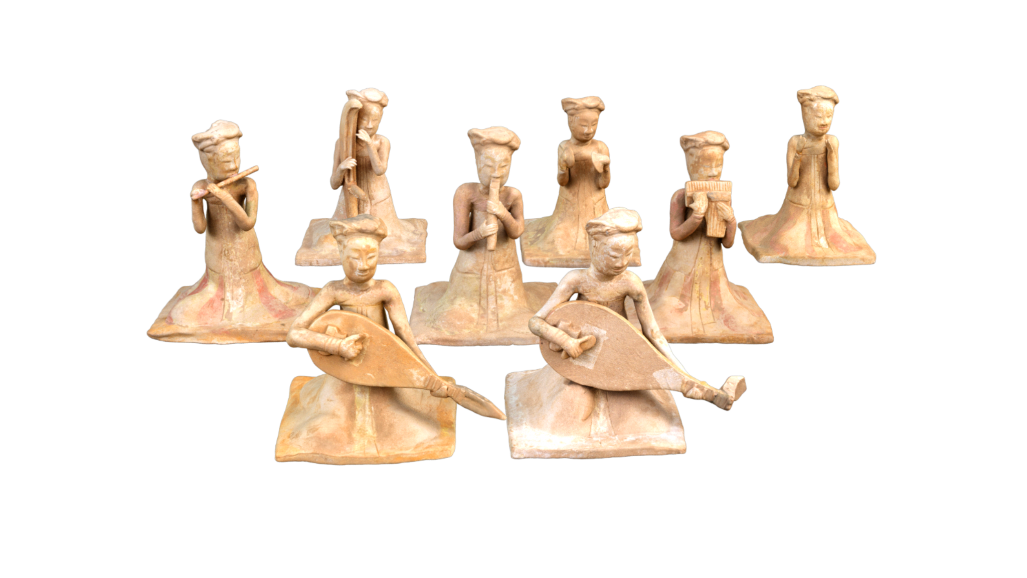 绘彩坐部伎乐俑